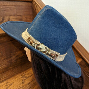 Vintage 60s denim western cowboy hat with macrame